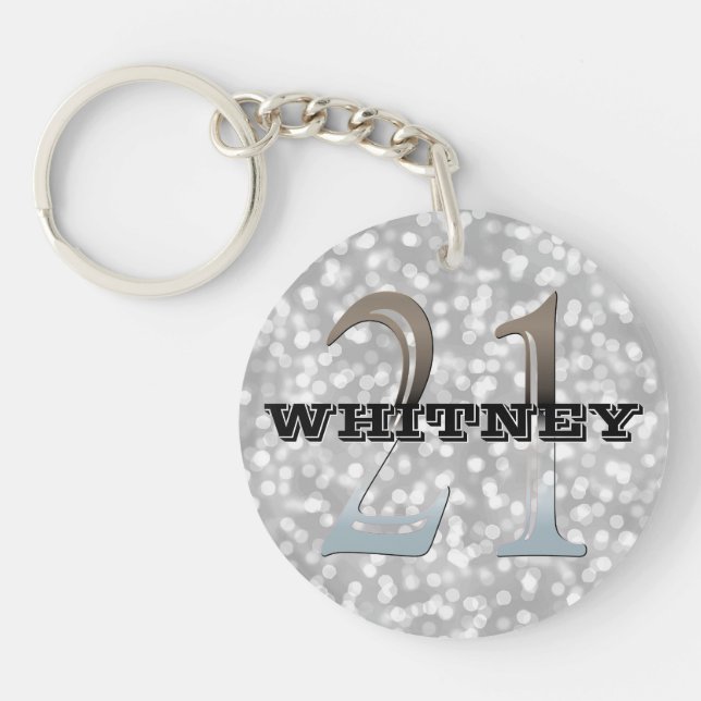 Personalized 21st Birthday | Silver Bokeh Name Keychain (Front)