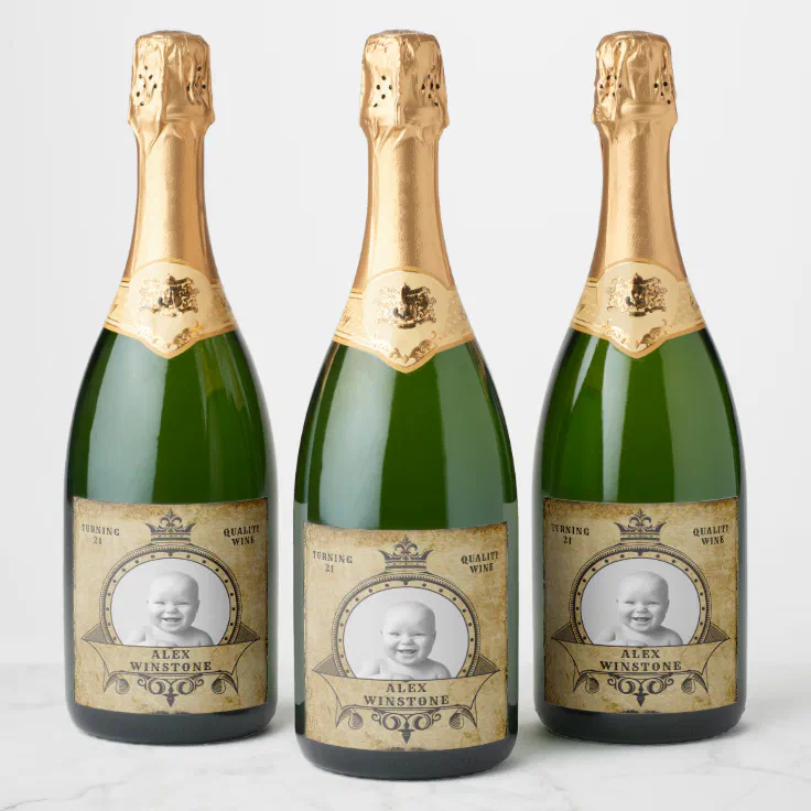 Personalized 21st Birthday Vintage Photo Template Champagne Label