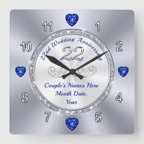 Personalized 22 year Wedding Anniversary Gift Square Wall Clock