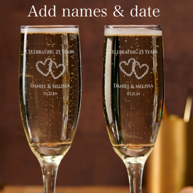 Personalized 25th Anniversary Custom Gift Heart Champagne Flute (Add couple’s names and anniversary date for etched glass keepsake 25th wedding anniversary gift
)