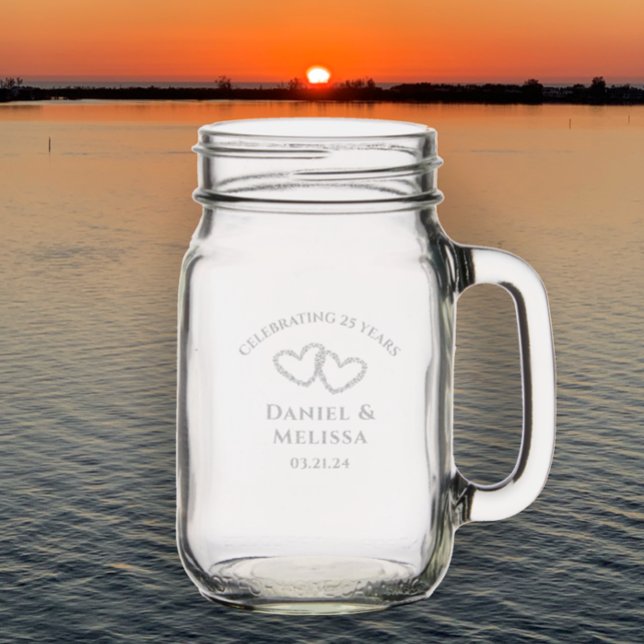 Personalized 25th Anniversary Gift Cute Hearts Mason Jar W/ Handle (Engraved couples names and anniversary date on keepsake glass mason jar, custom anniversary gift
)