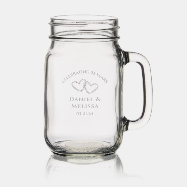 Personalized 25th Anniversary Gift Cute Hearts Mason Jar W/ Handle (Glassware)