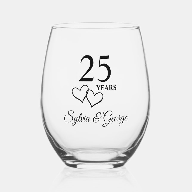 Personalized 25th Anniversary Gift Elegant Modern Stemless Wine Glass (Front)