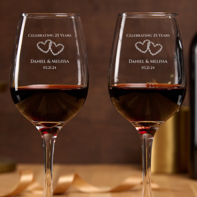 Personalized 25th Anniversary Gift Original Heart Wine Glass (Add couples names for elegant unique 25th wedding anniversary commemorative keepsake glasses
)
