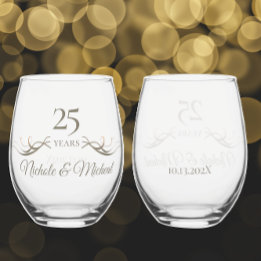 Personalized 25th Anniversary Keepsake Custom Gift Stemless Wine Glass