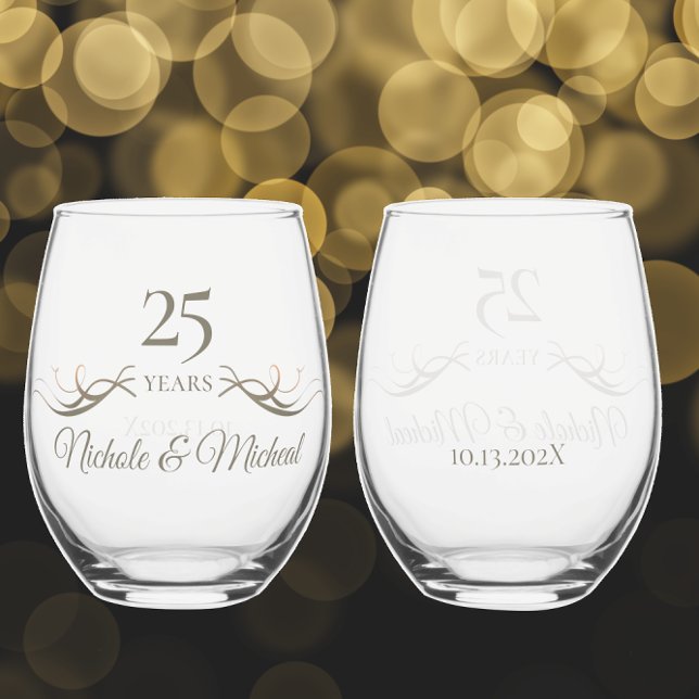 Personalized 25th Anniversary Keepsake Custom Gift Stemless Wine Glass (Add names and date for a unique elegant stemless wine glass 25th wedding anniversary keepsake gift )