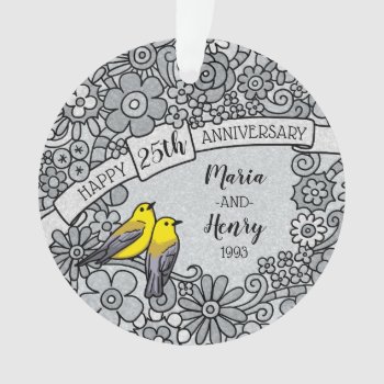 Personalized 25th Anniversary  Silver Floral Birds Ornament by DuchessOfWeedlawn at Zazzle