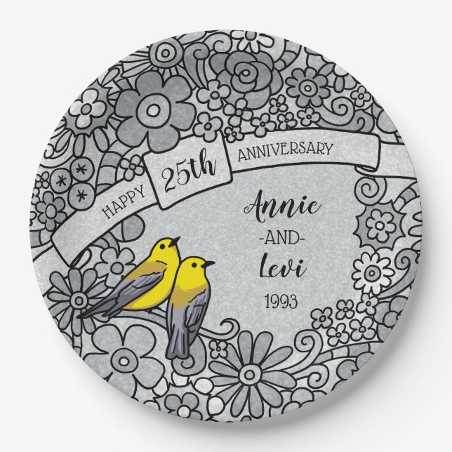 Personalized 25th Anniversary, Silver Floral Birds Paper Plates (Front)
