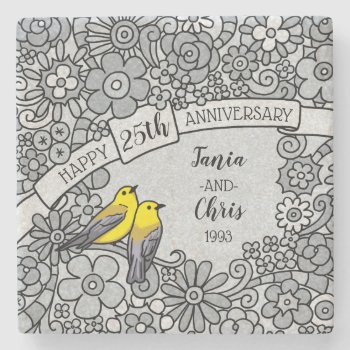 Personalized 25th Anniversary  Silver Floral Birds Stone Coaster by DuchessOfWeedlawn at Zazzle
