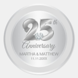 Personalized 25th Silver Foil Wedding Anniversary Classic Round Sticker