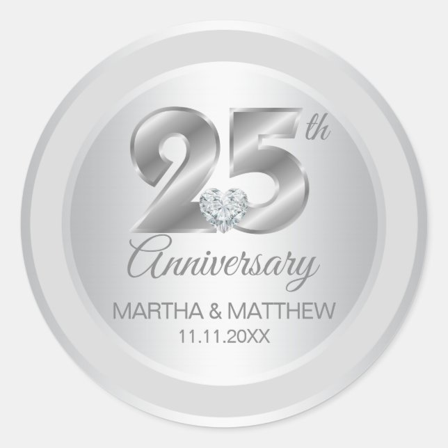 Personalized 25th Silver Foil Wedding Anniversary Classic Round Sticker (Front)