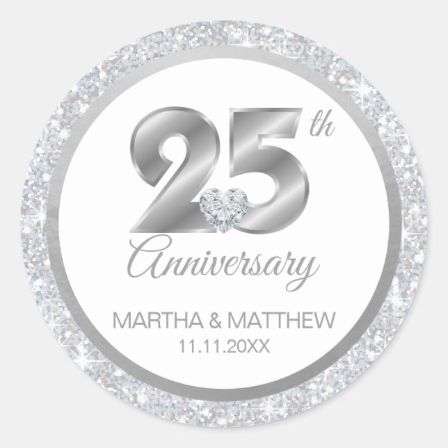 Personalized 25th Silver Wedding Anniversary Classic Round Sticker (Front)