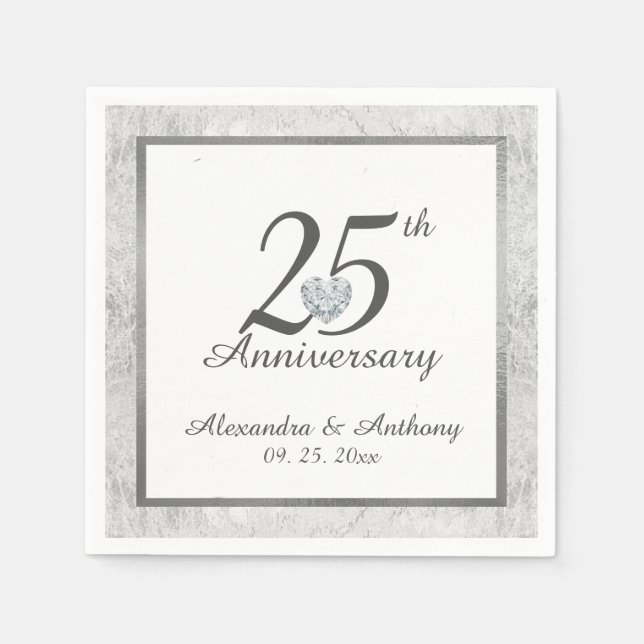 Personalized 25th Silver Wedding Anniversary Heart Napkins (Front)