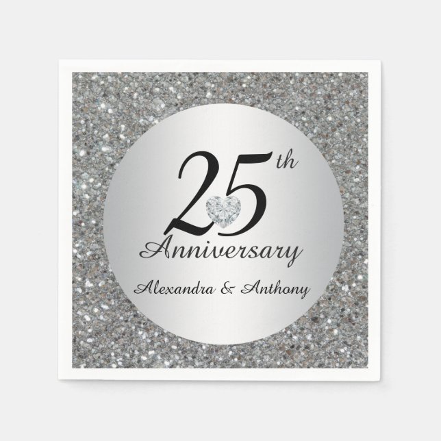 Personalized 25th Silver Wedding Anniversary Heart Napkins (Front)