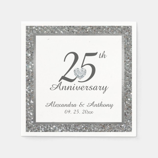 Personalized 25th Silver Wedding Anniversary Heart Napkins (Front)