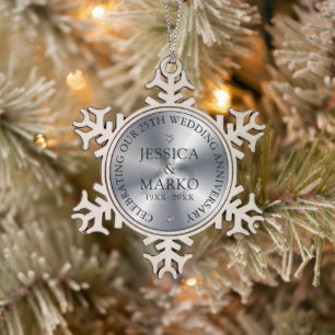 Personalized 25th Silver Wedding Anniversary Snowflake Pewter Christmas Ornament