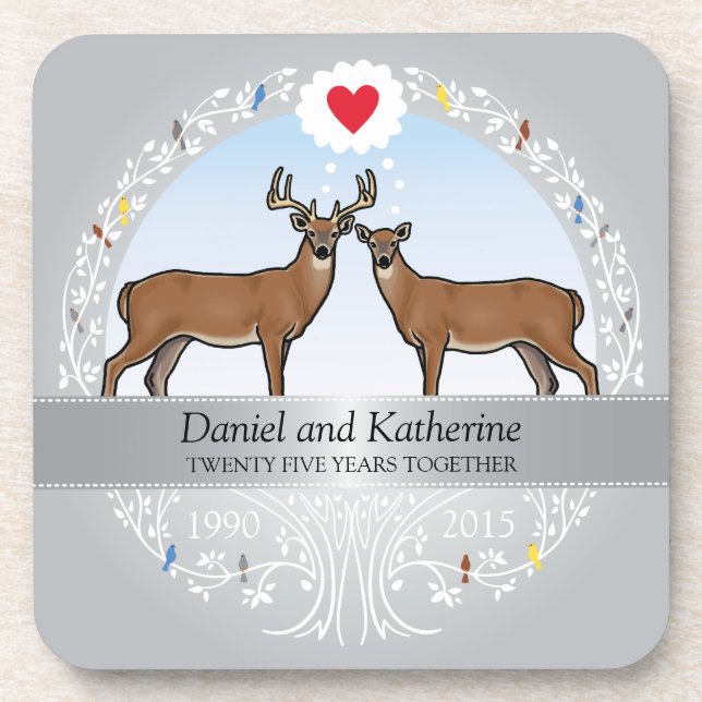 Personalized 25th Wedding Anniversary, Buck & Doe Beverage Coaster (Front)