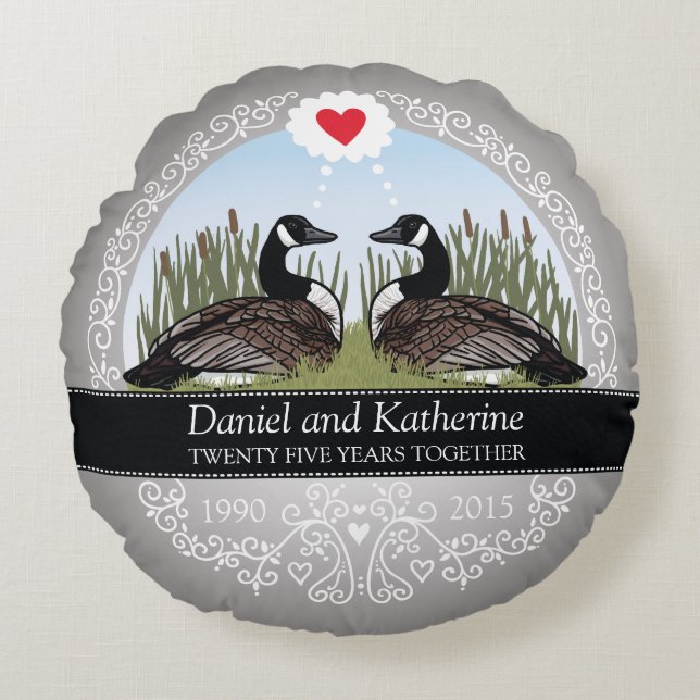 Personalized 25th Wedding Anniversary, Geese Pair Round Pillow (Front)