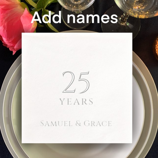 Personalized 25th Wedding Anniversary Party Silver Foil Napkins (Silver foil napkins, personalize with names for simple elegant silver 25th wedding anniversary party)