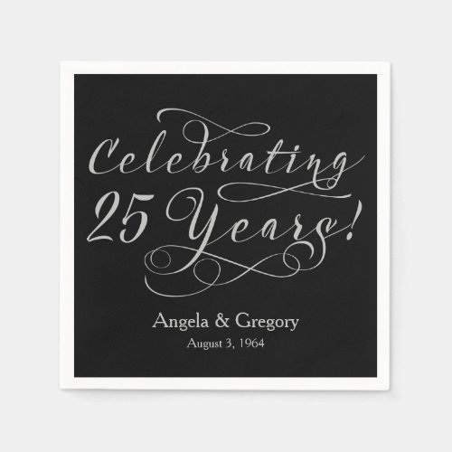 Personalized 25th Wedding Anniversary Silver Black Napkins