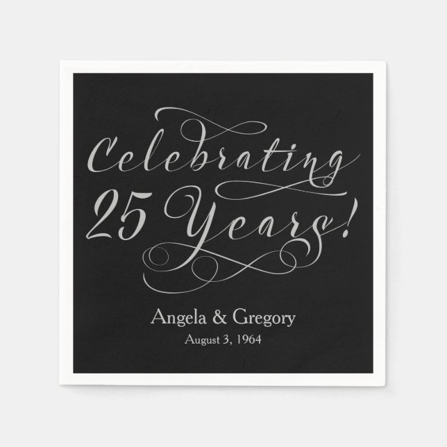 Personalized 25th Wedding Anniversary Silver Black Napkins (Front)
