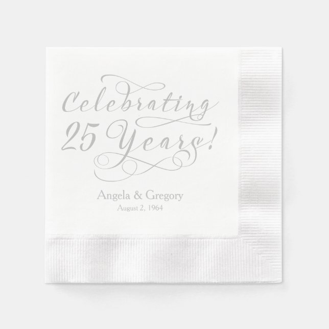 Personalized 25th Wedding Anniversary Silver White Paper Napkins (Front)