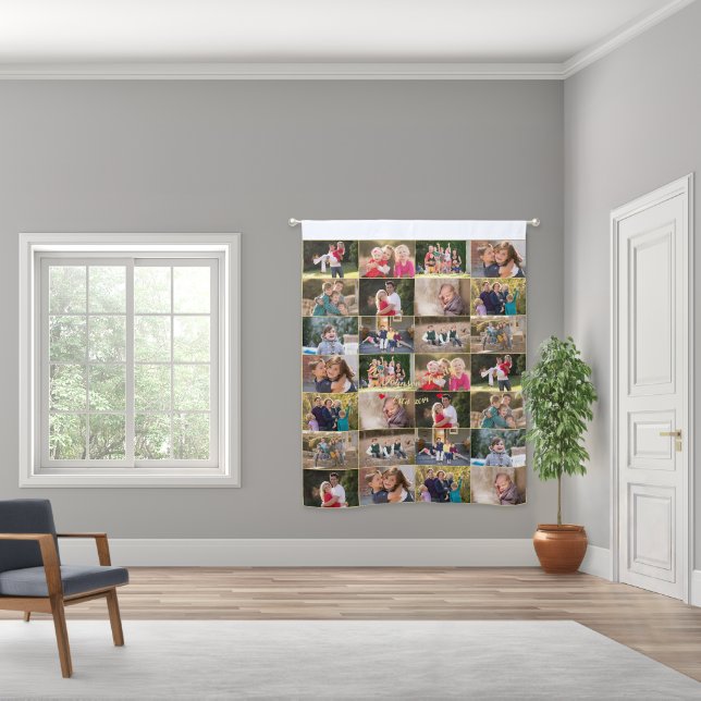 Personalized 28 Family Photo Collage Gold Monogram Blackout Curtains (Wide)