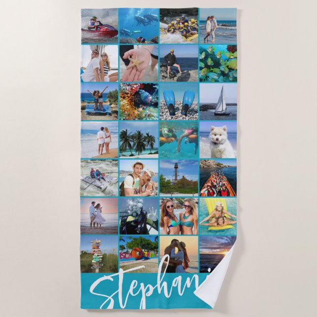 Personalized 28 Photo Collage Custom Color Beach Towel (Front)