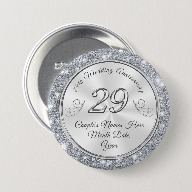 Personalized 29th Wedding Anniversary Pins, Favors Button (Front & Back)