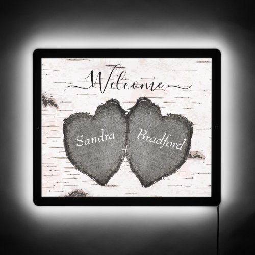 Personalized 2 Carved Hearts Aspen trees bark   LED Sign
