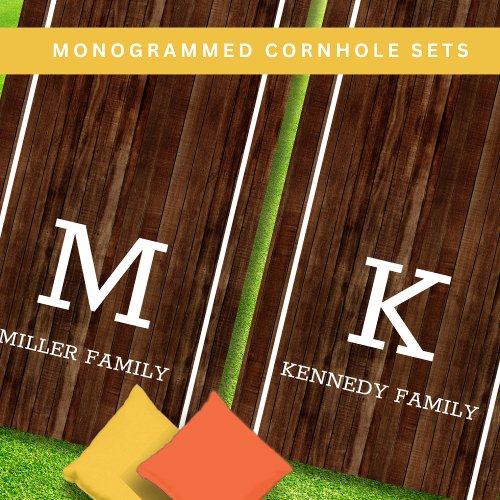 Personalized 2 Family Monogram Name Dark Wood   Cornhole Set