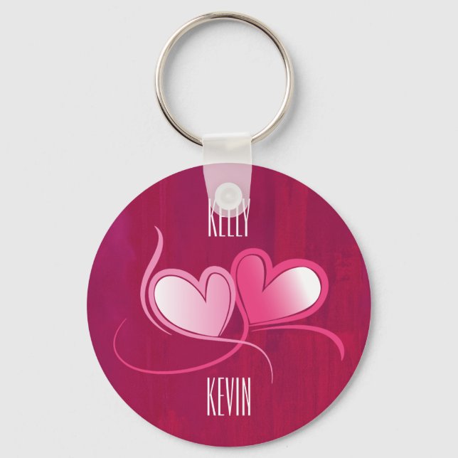 Personalized 2 Hearts Dancing on Fuschia Pink Keychain (Front)