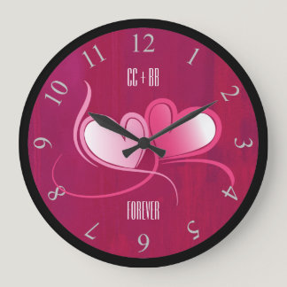 Personalized 2 Hearts on a Fuschia Pink Background Large Clock