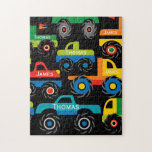 Personalized 2 Names Monster Trucks Gifts For Boys Jigsaw Puzzle at Zazzle