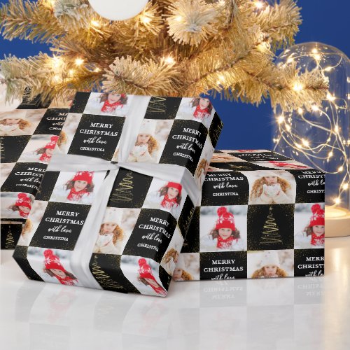 Personalized 2 Photo Black Gold Christmas Holiday Wrapping Paper