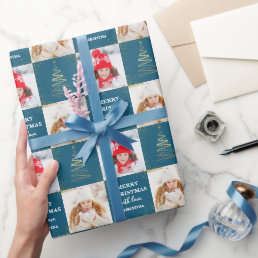 Personalized 2 Photo Blue Gold Christmas Holiday Wrapping Paper