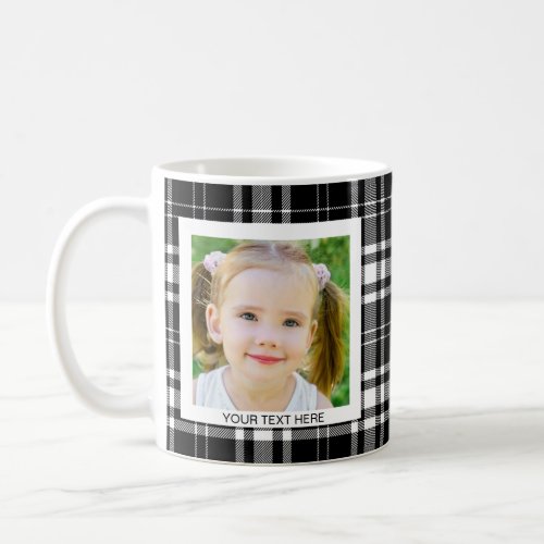 Personalized 2 Photo Buffalo Plaid Black White Coffee Mug