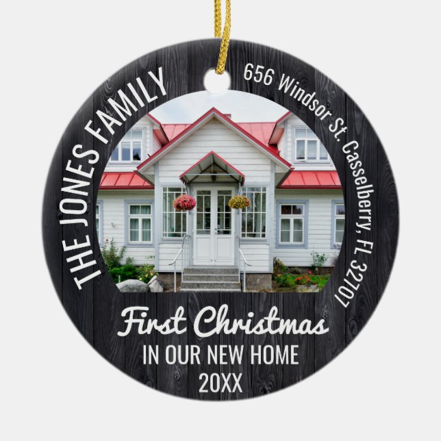 Personalized 2 Photo Christmas First Home 2023 Ceramic Ornament (Front)