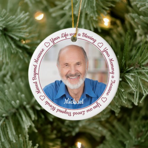 Personalized 2 Photo Christmas Keepsake Memorial Ceramic Ornament - Honor your loved one with a custom photo memorial ornament. This unique memorial ornament keepsake is the perfect gift for yourself, family or friends to pay tribute to your loved one. This unique memorial ornament features a simple black and white design with decorative script.
Quote "Your Life was a Blessing, Your Memory a Treasure, You are Loved Beyond Words, Missed Beyond Measure".
Customize with favorite photos, name and date. Ornament is double sided, you can do 2 favorite photos, one on each side. Personalize name on the front, and dates on the back.
COPYRIGHT © 2020 Judy Burrows, Black Dog Art - All Rights Reserved. Personalized 2 Photo Christmas Keepsake Memorial Ceramic Ornament 