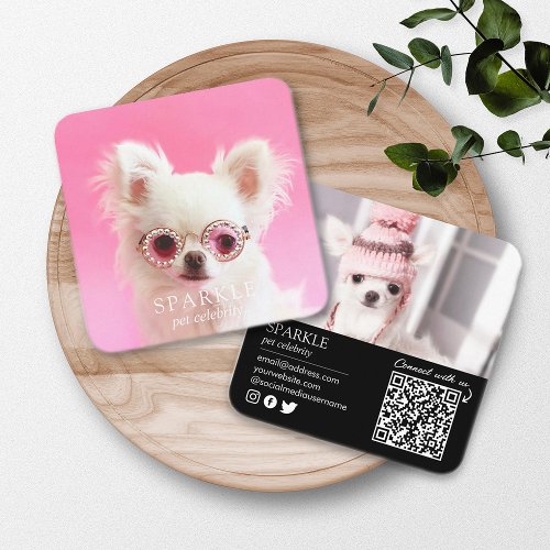 Personalized 2 Photo Dog Pet Social Media QR Code Square Business Card