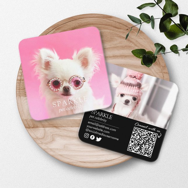Personalized 2 Photo Dog Pet Social Media QR Code Square Business Card (Creator Uploaded)