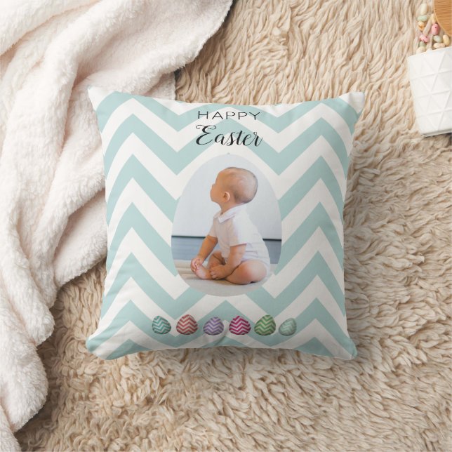 Personalized 2 Photo Easter Egg Blue Pastel Throw Pillow (Blanket)