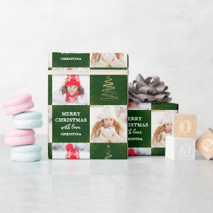 Personalized 2 Photo Green Gold Christmas Holiday Wrapping Paper