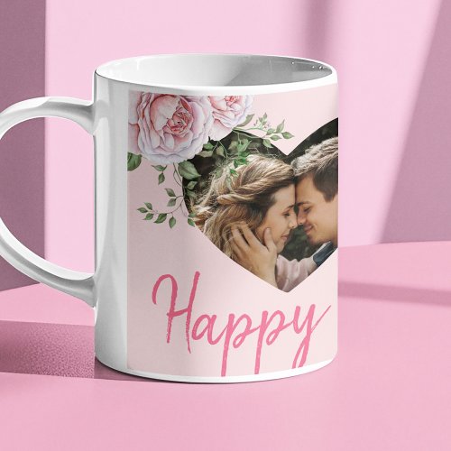 Personalized 2 photo hearts pink roses Valentine Coffee Mug