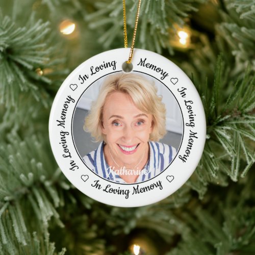 Personalized 2 Photo In Loving Memory Memorial Ceramic Ornament - Honor your loved one with a custom photo memorial ornament. This unique memorial ornament keepsake is the perfect gift for yourself, family or friends to pay tribute to your loved one. This memorial ornament features a black and white design with decorative script and hearts.
Quote "In Loving Memory".
Customize with favorite photos, name and dates . Ornament is double sided, you can do 2 favorite photos, one on each side. Personalize name on the front, and dates on the back. Perfect for a Christmas Memorial Ornament.
COPYRIGHT © 2020 Judy Burrows, Black Dog Art - All Rights Reserved. Personalized 2 Photo In Loving Memory Memorial Ceramic Ornament