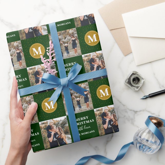 Personalized 2 Photo Monogram Green Gold Holiday Wrapping Paper (Gifting)