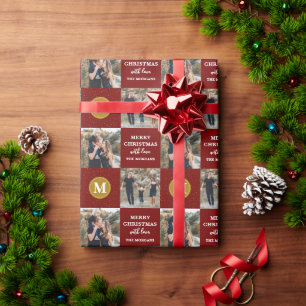 Personalized 2 Photo Monogram Red Gold Holiday Wrapping Paper