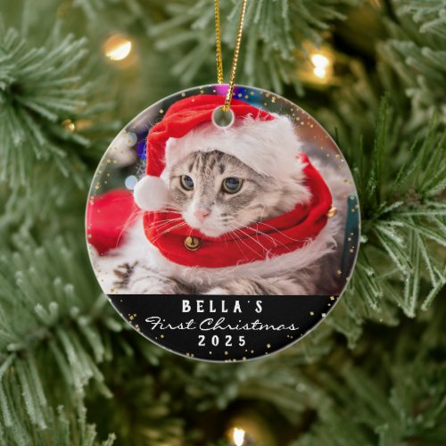 Personalized 2 Photo Pet Cat Meowy Christmas Black Ceramic Ornament