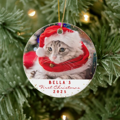 Personalized 2 Photo Pet Cat Meowy Christmas  Ceramic Ornament