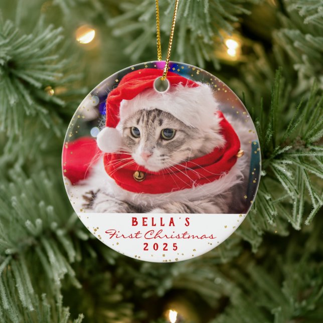 Personalized 2 Photo Pet Cat Meowy Christmas  Ceramic Ornament (Tree)
